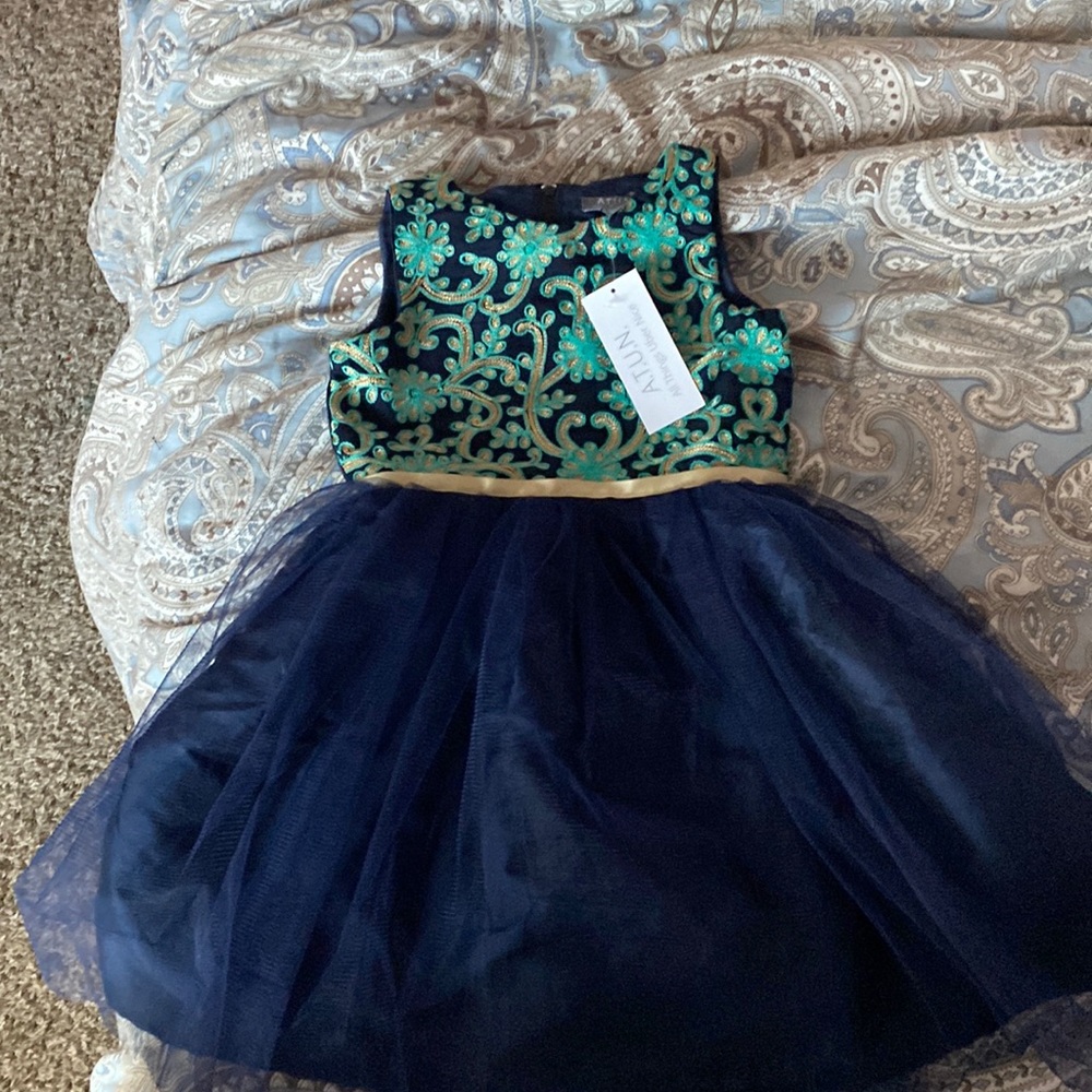 A.T.U.N navy blue dress with green and yellow design
